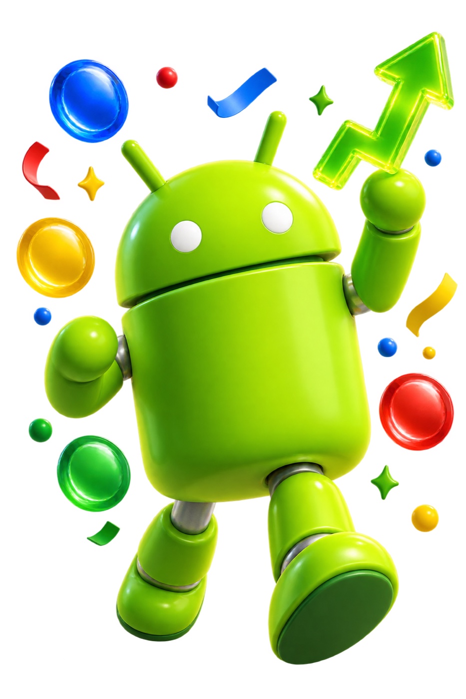 3D green Bugdroid mascot celebrating an upward chart
